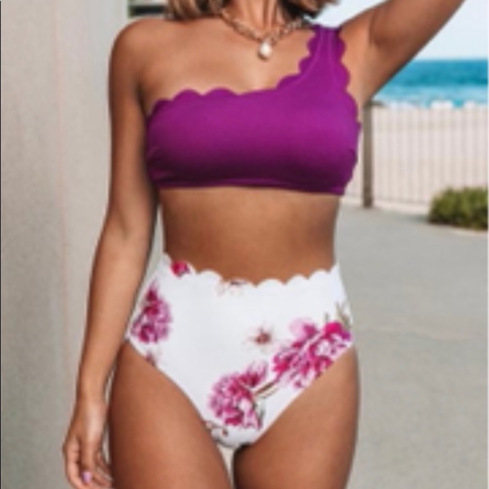 One shoulder pink and floral high waisted bikini